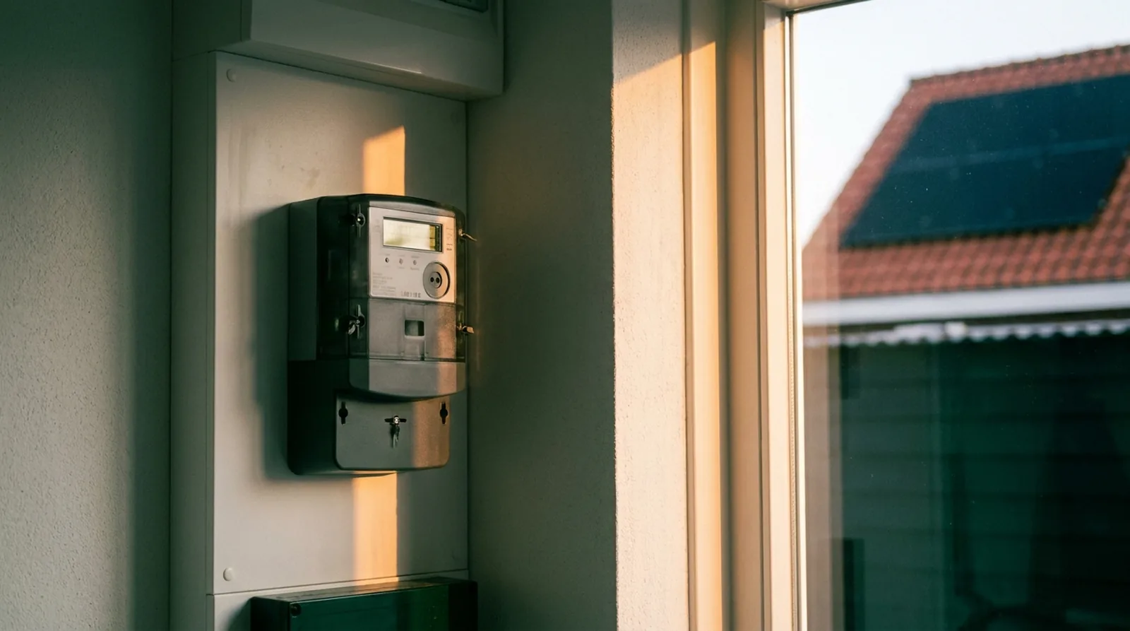 Slimme meter in een meterkast, met op de achtergrond zonnepanelen in de late middagzon