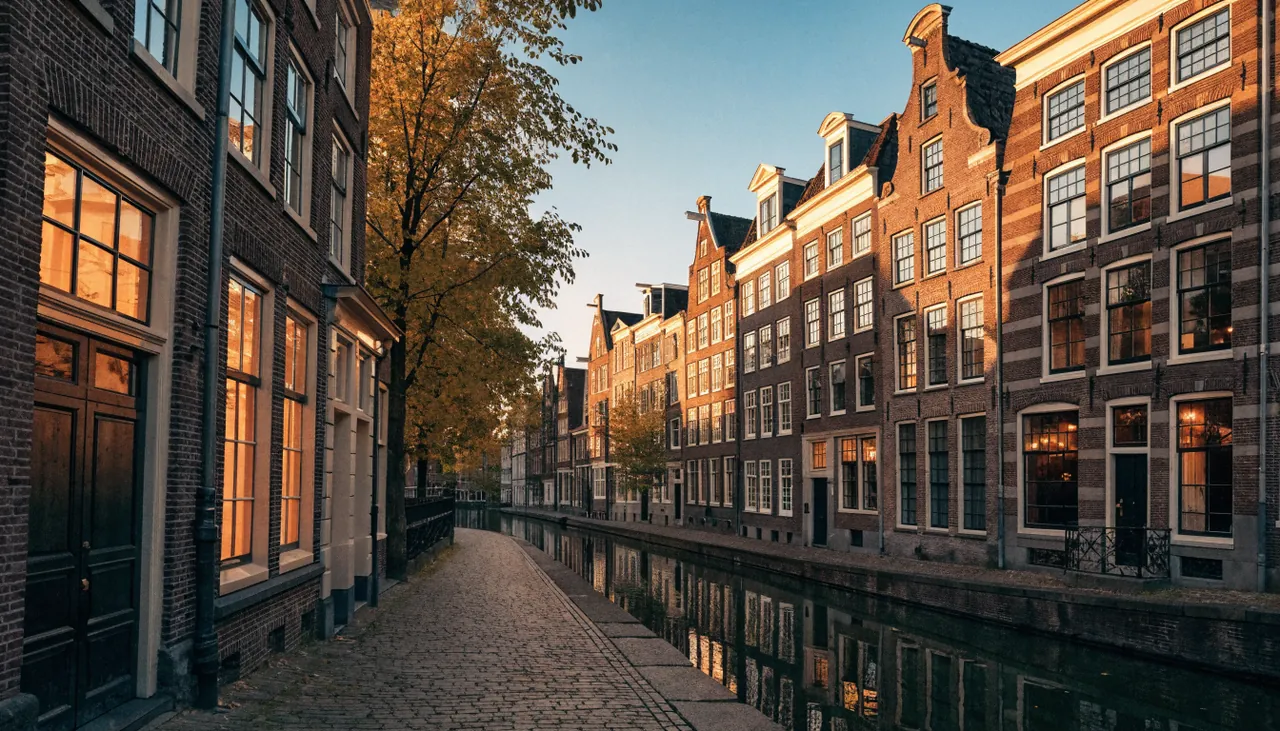 Historische Nederlandse grachtenpanden met verlichte ramen in de avond, Haarlem