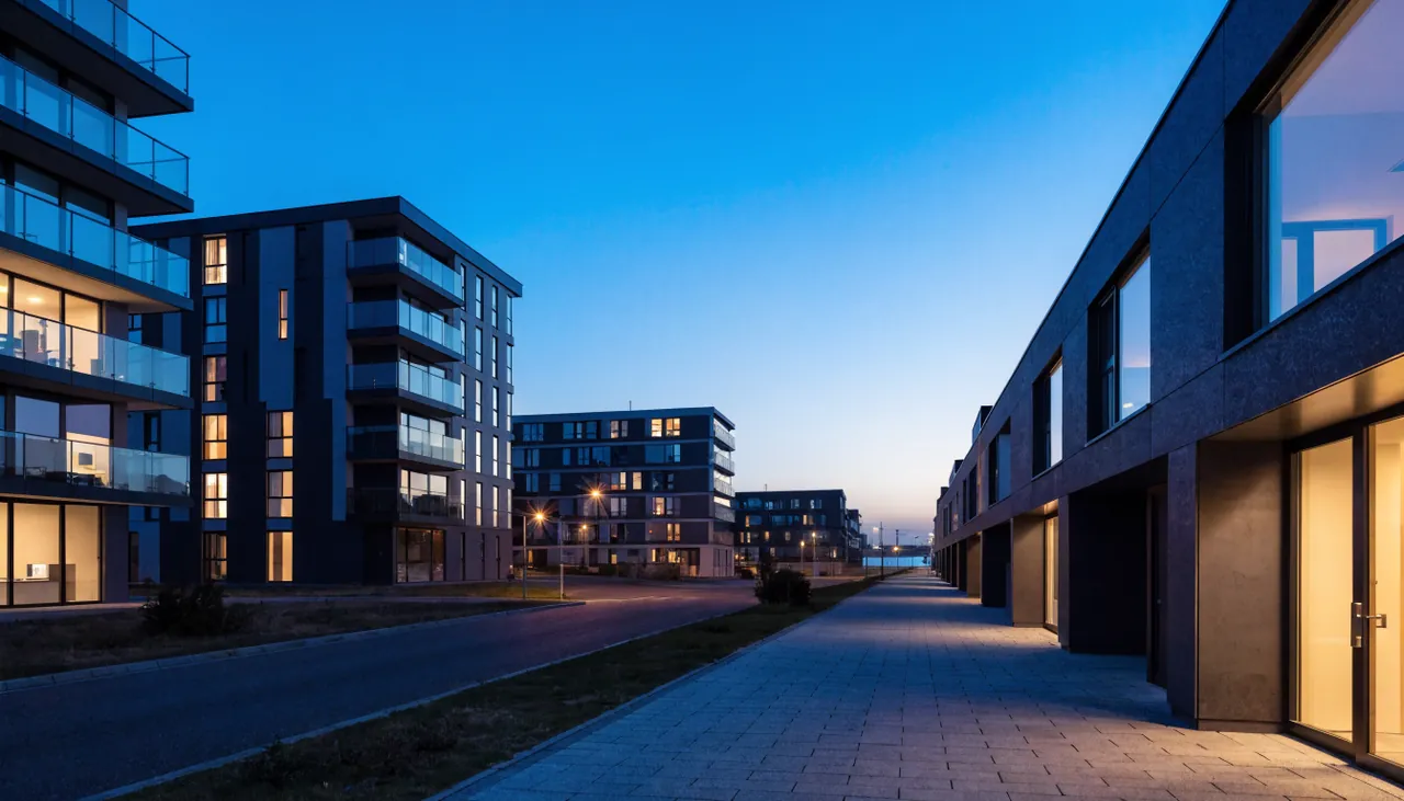 Nederlandse nieuwbouwwijk zonder gasaansluiting in de schemering, Almere