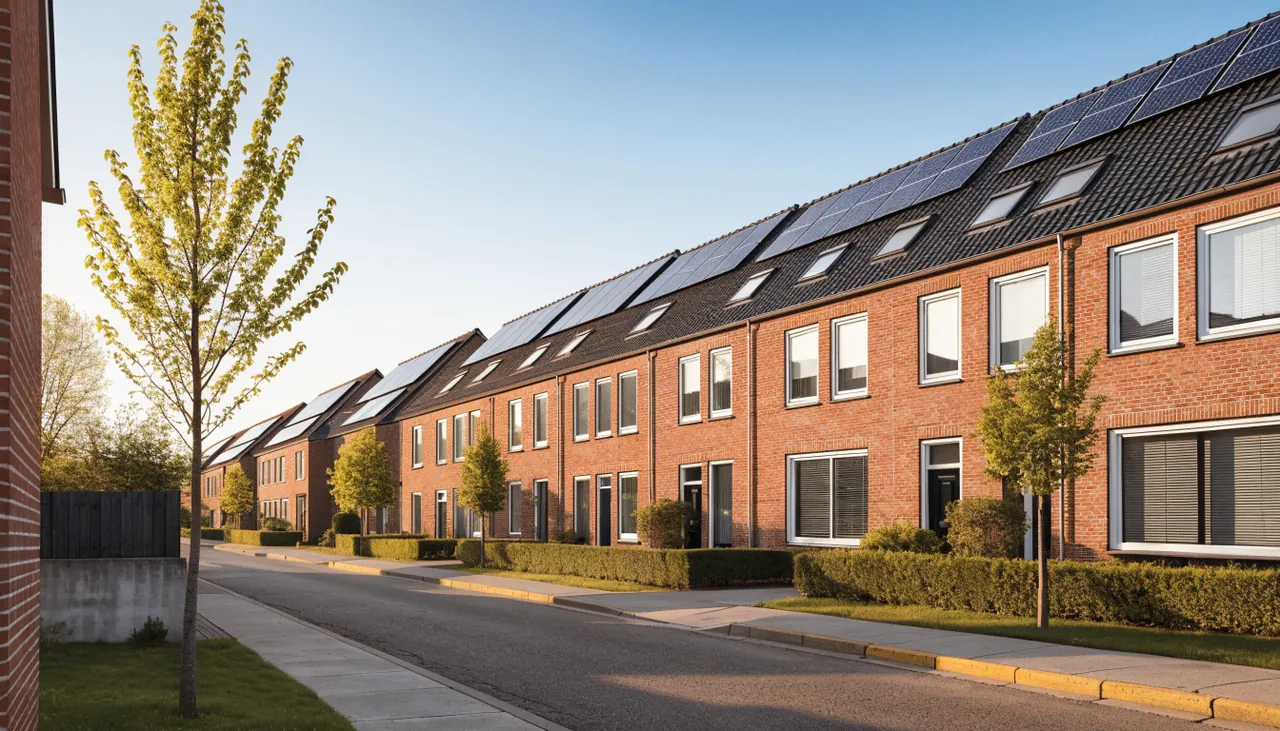 Nederlandse woonwijk met rijtjeshuizen en zonnepanelen op de daken, Breda