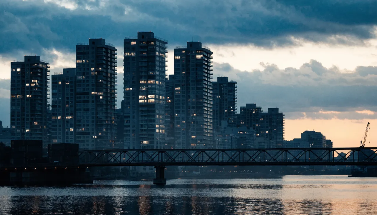 Skyline van een grote Nederlandse stad met verlichte woontorens, Rotterdam
